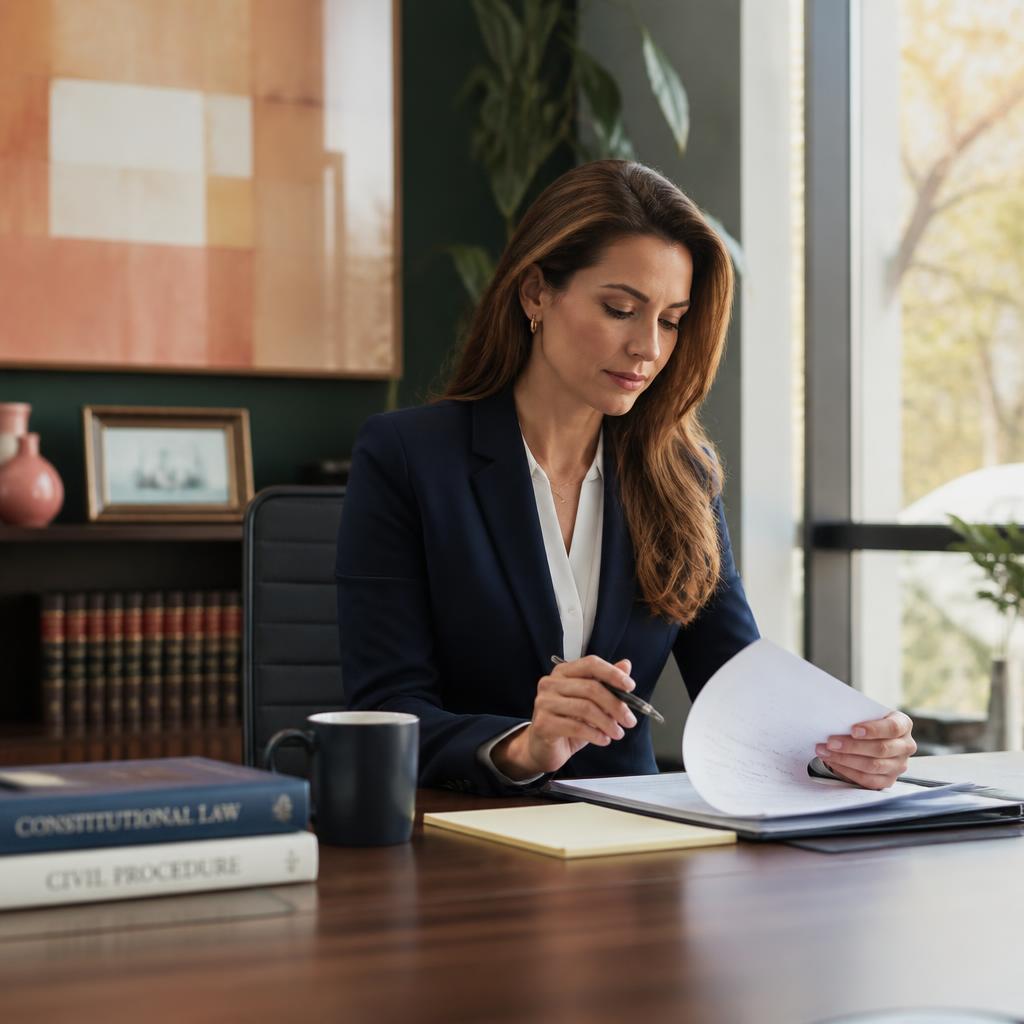 Attorney working calmly at a desk in a bright modern law office
