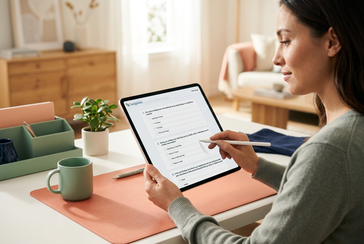 A woman at a bright desk completing the Sanguine Workplace Health Diagnostic on an iPad, seen from over her shoulder