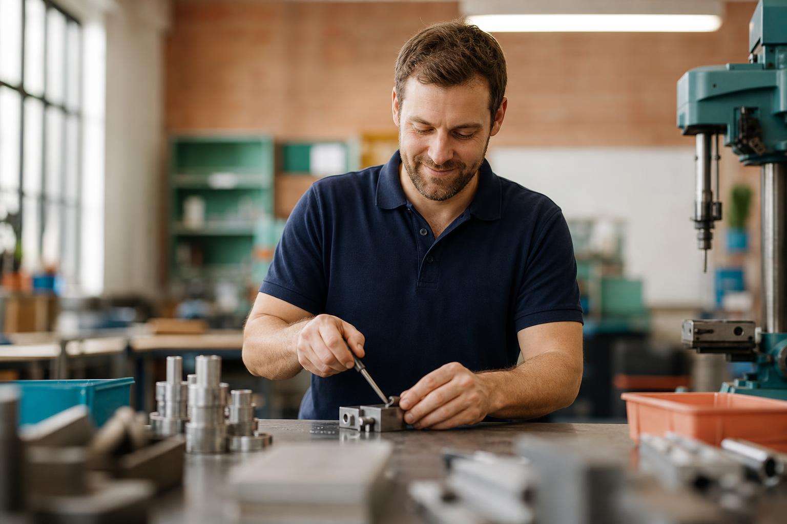 A factory worker in a small workshop, focused on precision work at a tidy workbench
