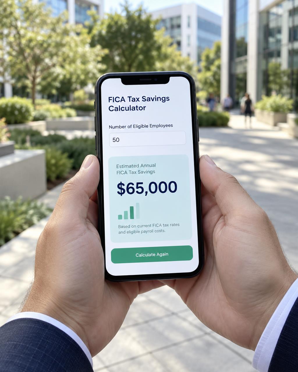 A person holding a phone outside showing the FICA tax savings calculator