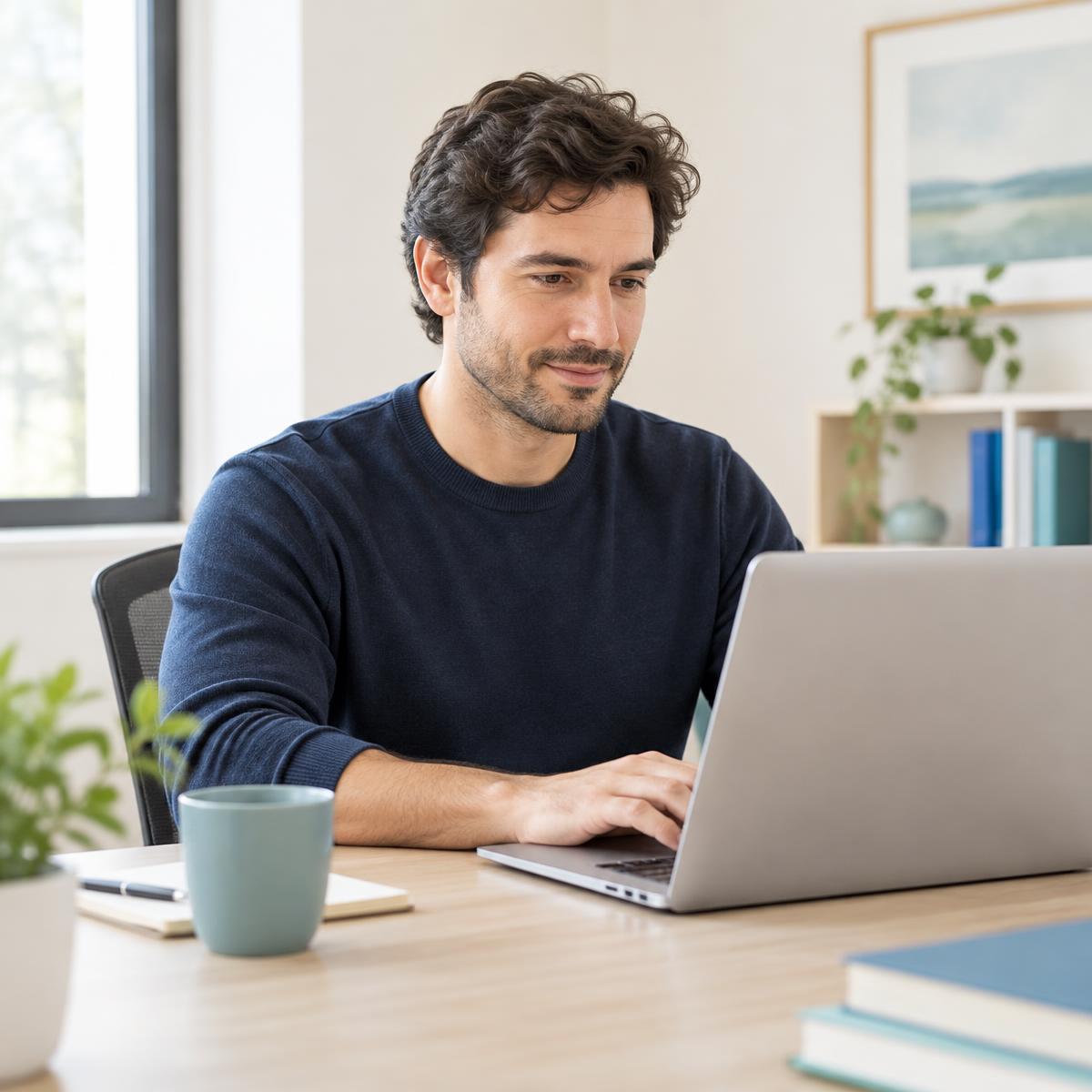 Software engineer working at a laptop in a bright office