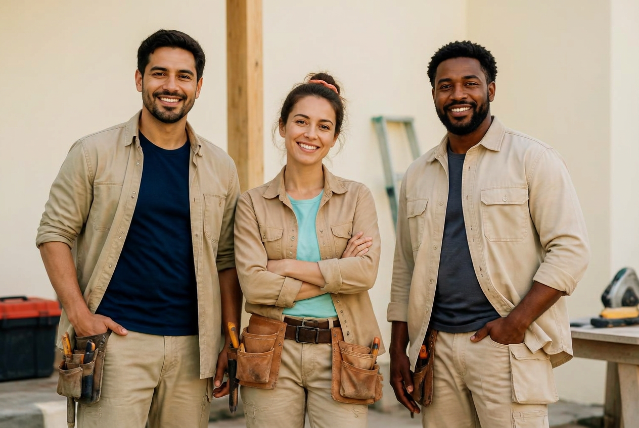 Three tradespeople working together in a bright workshop