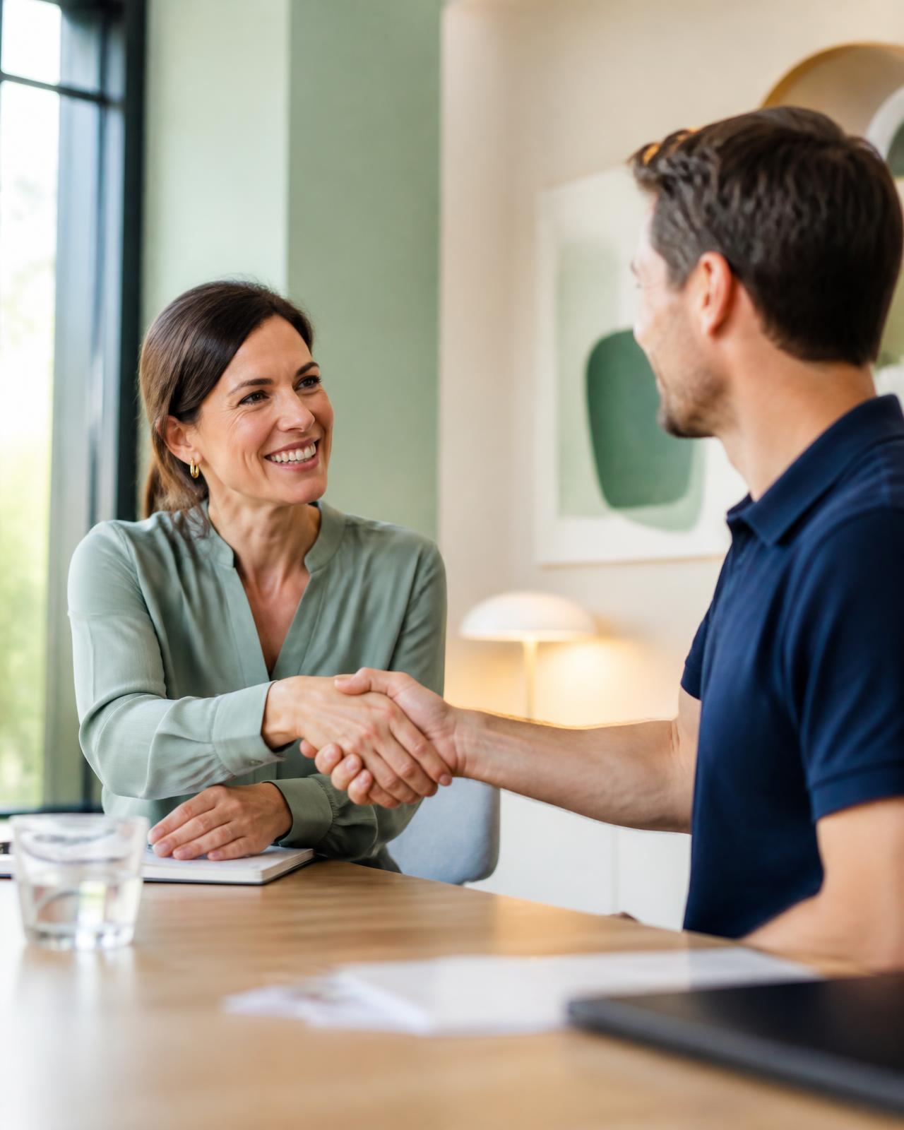 Two professionals shaking hands across a table in a bright office