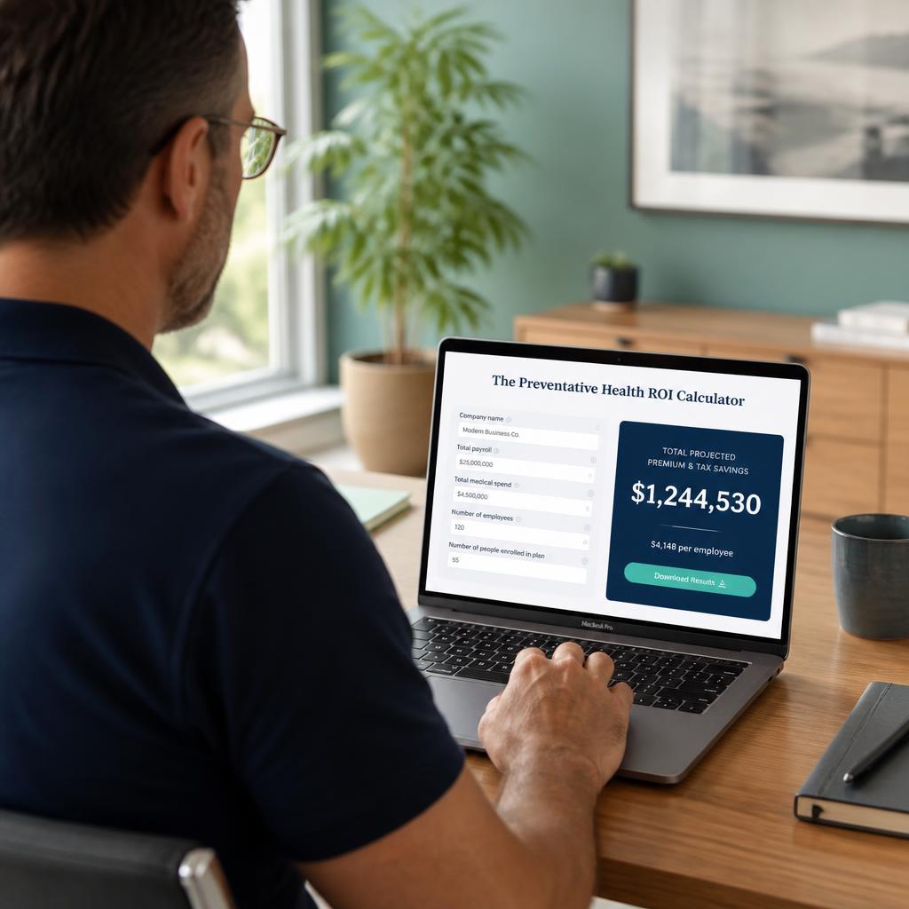 A man in a navy polo shirt using the Sanguine Preventative Health ROI Calculator on a laptop, seen from behind his shoulder