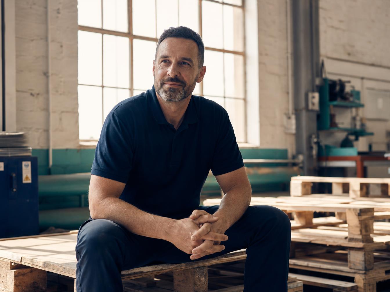 A mid-40s man in a navy polo shirt sitting on wooden pallets in a naturally lit industrial space