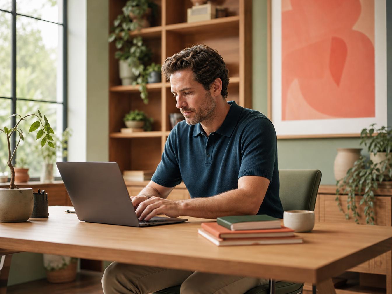 Office professional working in a bright, plant-filled workspace