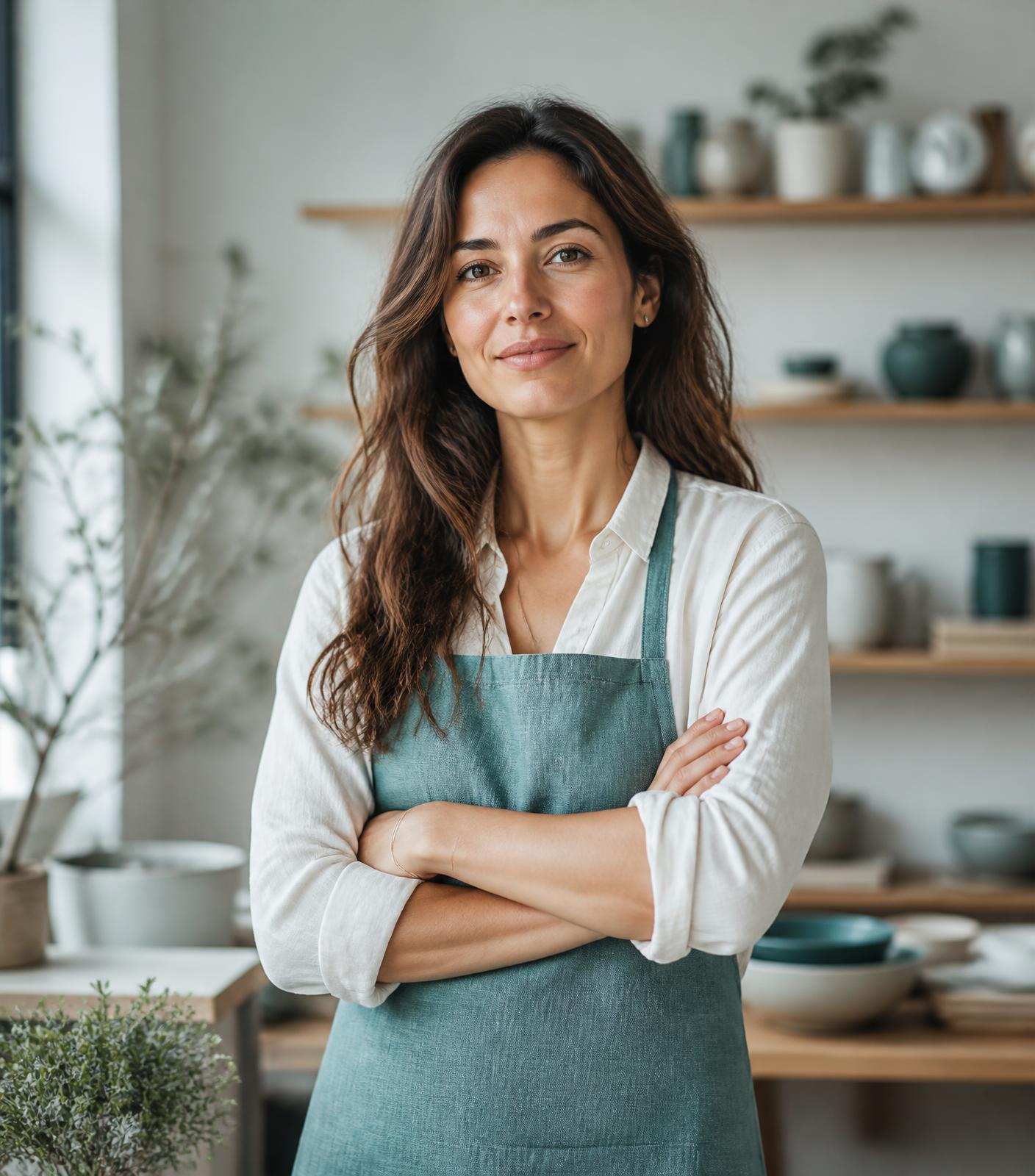 Business owner in an apron standing in her workshop